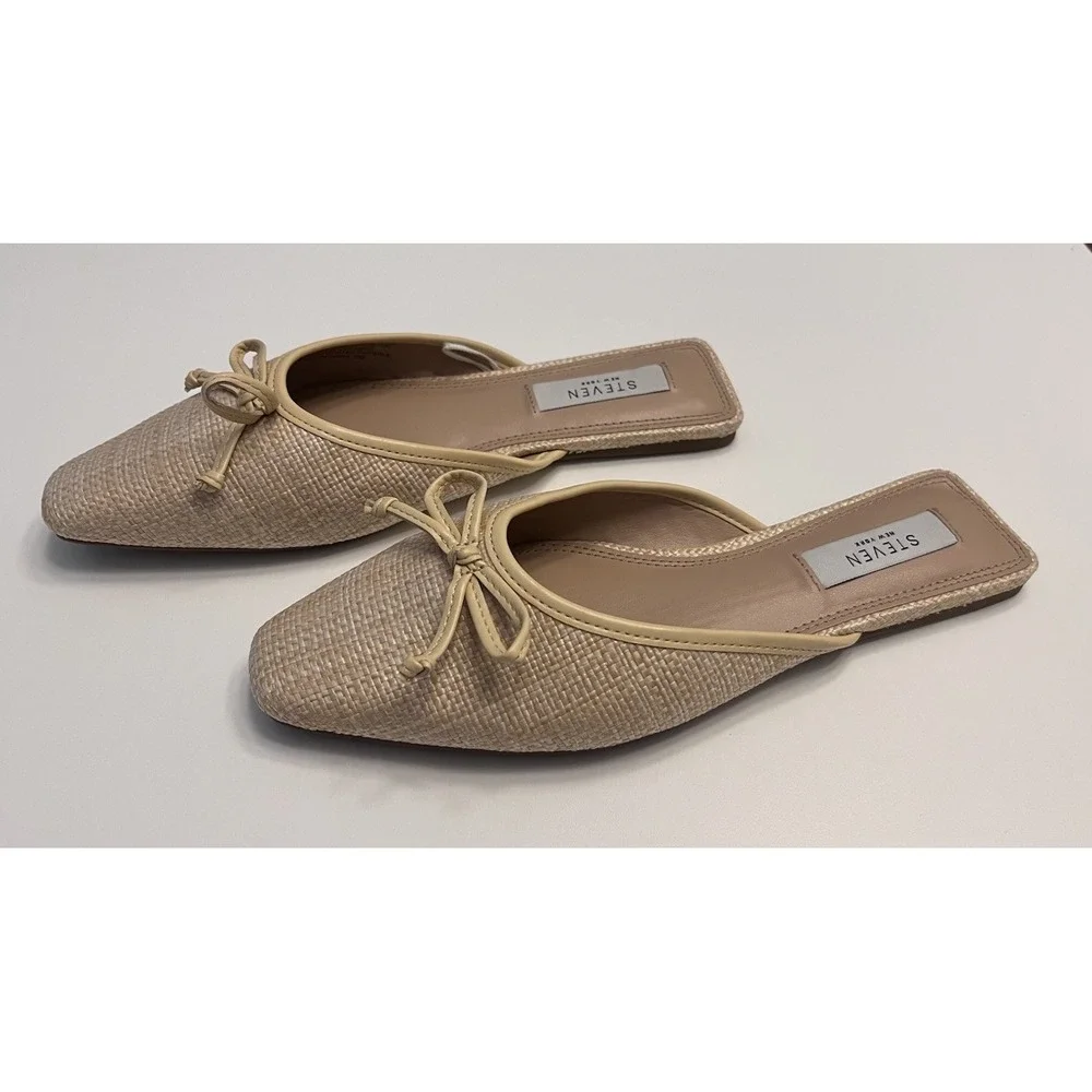 New STEVEN New York Sz 8.5M Celeste Flats Raffia Flats Bow Tan Steve Madden NWOB